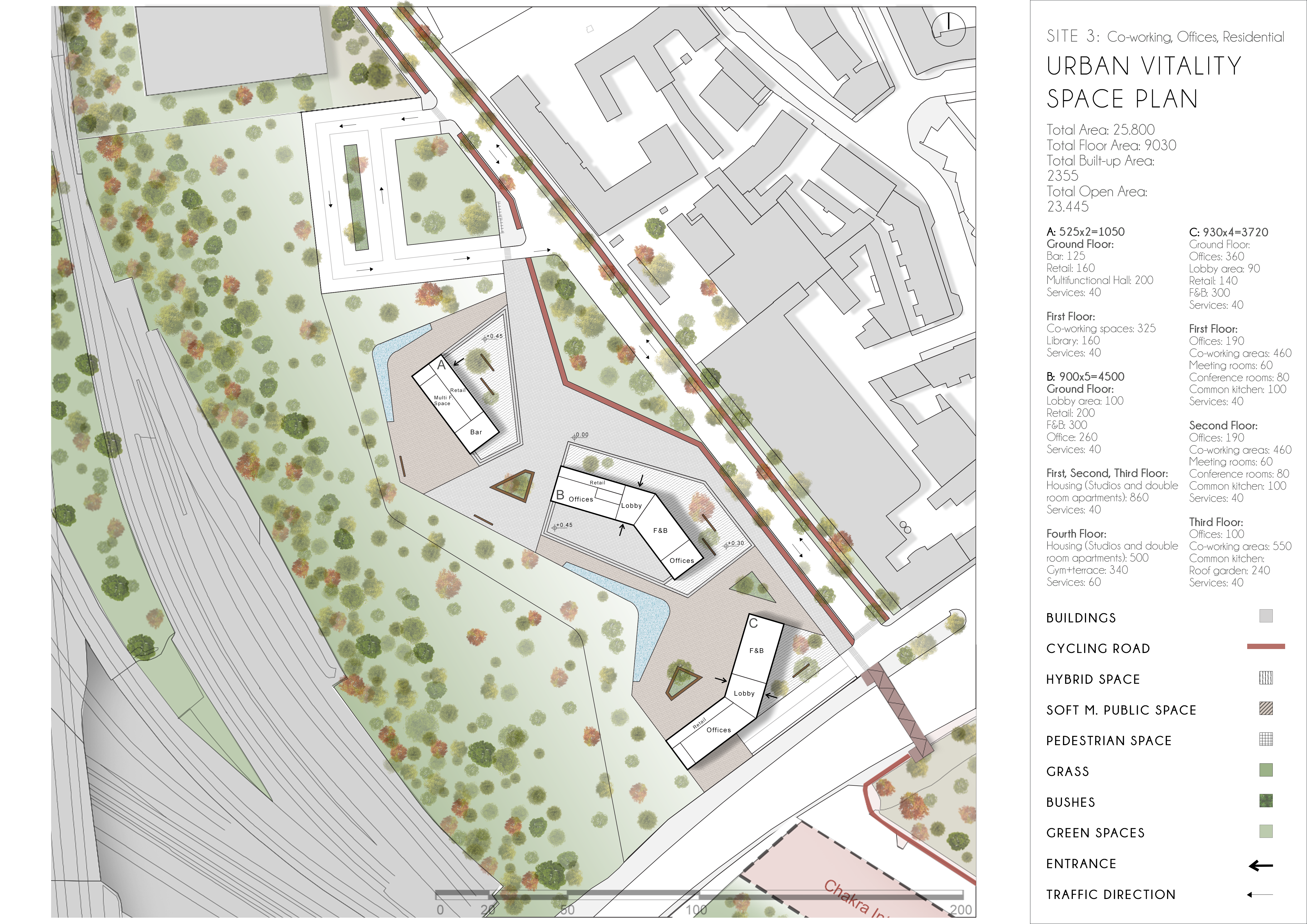 Site 3 — plan showing the node's spatial relationship to the green belt extension and the surrounding district fabric
